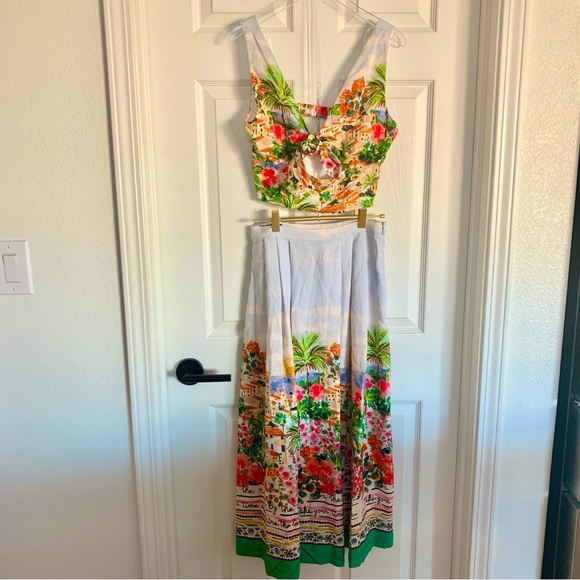 🌴 ZARA Printed Knot Top Midi Skirt Set Colorful Vibrant Art Scenery Print XS - Picture 5 of 16